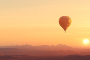 Fototapeta premium Hot air balloon ride at sunset. Golden sunlight bathes the mountains in warm tones. The balloon drifts serenely across the tranquil landscape.