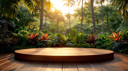 Obraz premium Scenic nature podium stage surrounded by lush greenery in tropical paradise