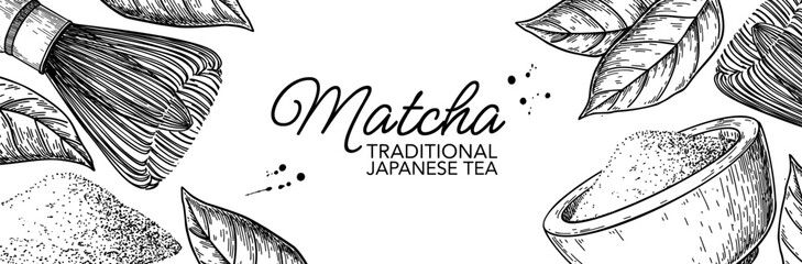 Matcha tea label. Vector drawing banner. Bowl with matcha powder, green tea leaves, and bamboo whisk 