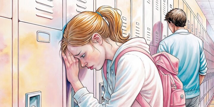 Distressed student at school lockers for education blogs, mental health awareness campaigns, anti-bullying initiatives, and school counseling resources - Powered by Adobe