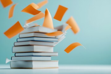 Stack of Books with Falling Papers