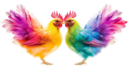 Obraz premium Vibrant Rainbow Chickens with Colorful Feathers on White Background.