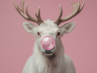 Fototapeta premium A white reindeer with majestic antlers blows a pink bubble gum bubble against a pastel pink background. Whimsical and surreal animal portrait with playful holiday vibes.