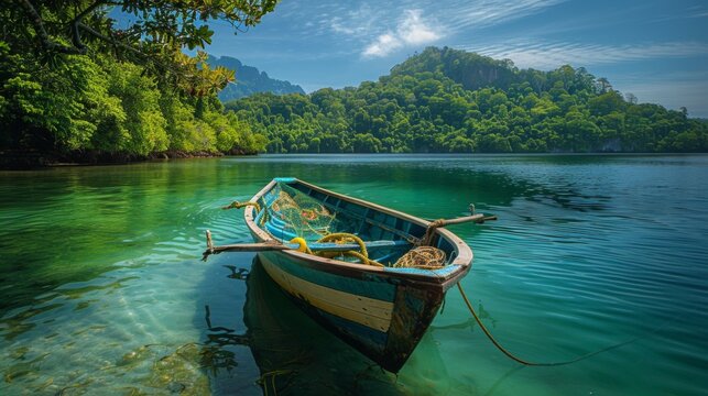 A vibrant wooden boat floats in crystal clear waters surrounded by lush green forested hills, capturing the peaceful beauty of nature during a sunny day.