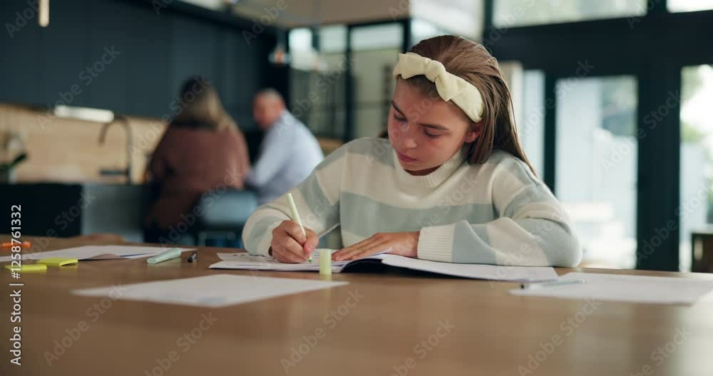Poster learning, girl and writing homework in home for creative assignment, knowledge development and study