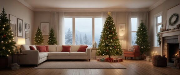 full-sized pine tree in a living room decorated for Christmas , decoration, holiday, festive