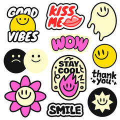PNG Colorful retro smiley sticker designs on transparent background