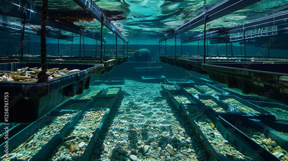 Aufkleber several rafts containing various types of marine life are seen underwater, surrounded by clear water