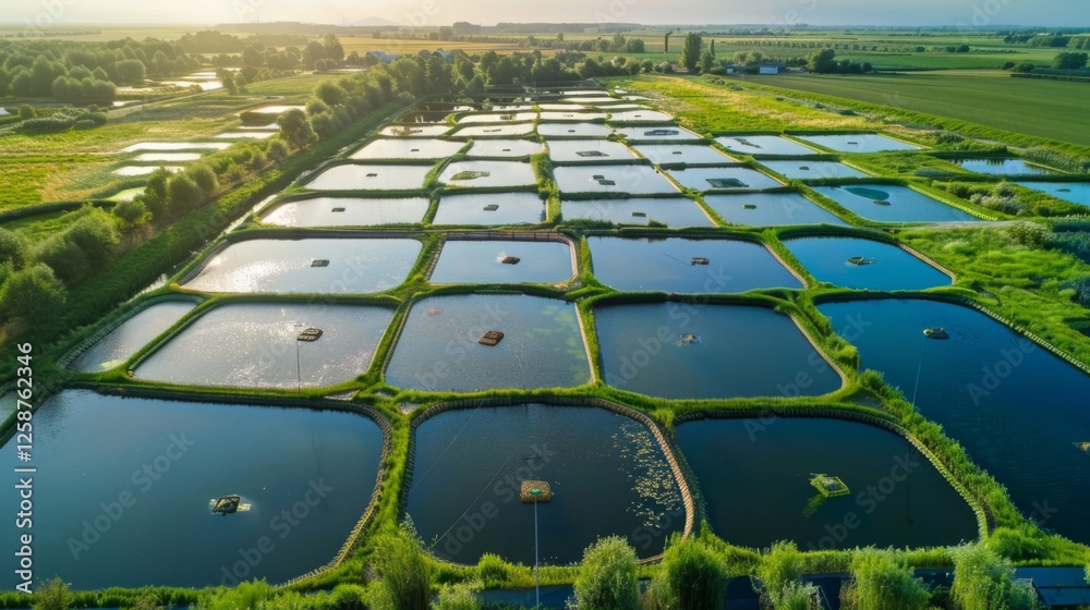 Poster rows of rectangular ponds glimmer under the evening light, surrounded by rich green fields and trees
