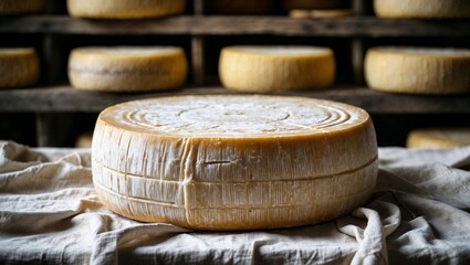 Grosser runder Käselaib in einer Käserei auf einem Leinentuch