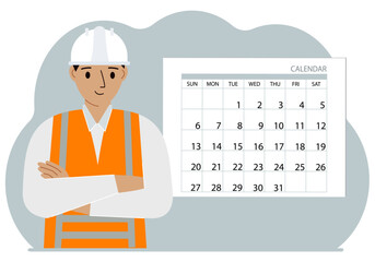Male builder in uniform next to calendar.