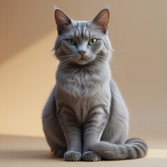 Low angle portrait of a gray cat sitting on a brown background