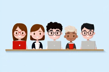 Cartoon people at computers in a row