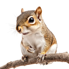 Obraz premium Squirrel perched on branch, white isolated background
