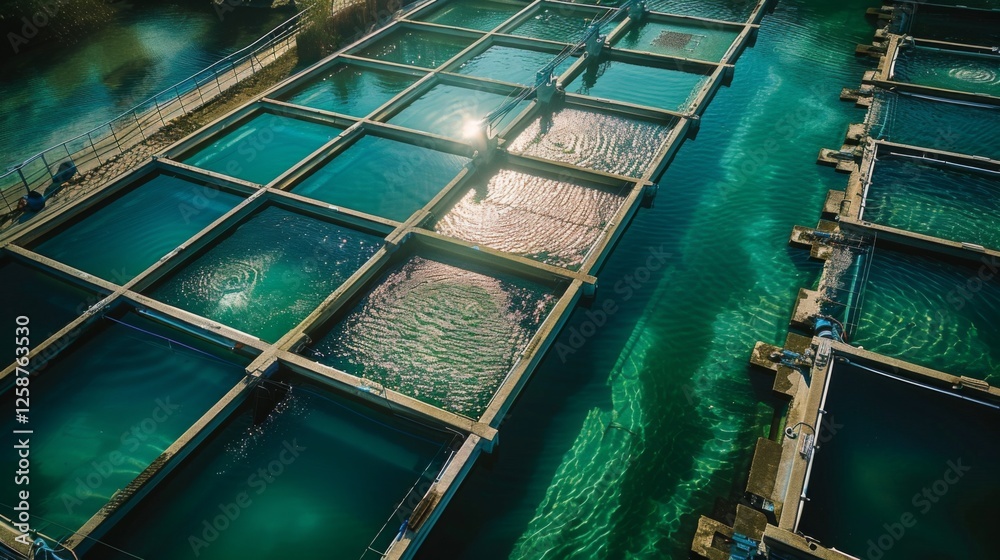 Poster large aquaculture tanks filled with clear water are positioned in a well organized layout under brig