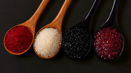 Four colored salts in wooden spoons on dark background, food photography