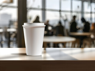 Blank coffee cup mockup on table with blurred background of busy cafe