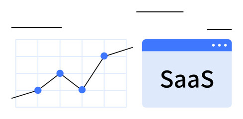 Line chart with upward trend and data points alongside web browser window labeled SaaS. Ideal for software, analytics, digital growth, business strategy, technology, innovation, abstract line flat