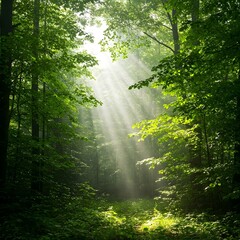 Obraz premium Lush green forest with sunlight filtering through the leaves