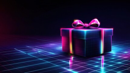 Neon Gift Box on a Dark Background with Glowing Lights and Geometric Patterns Perfect for Celebrations, Promotions, or Digital Artwork Projects