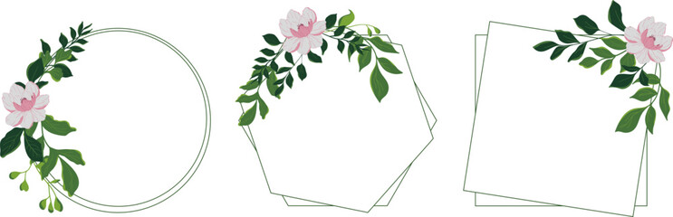 Set of geometric frames with delicate flower and green leaf branches. Isolated. Vector illustration.