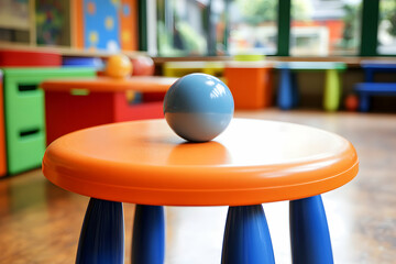 Colorful children's stool with a light blue ball on top, set in a brightly lit playroom with blurred background of toys and furniture.