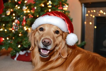 Festive Golden Retriever Christmas Home Portrait