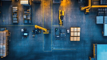 Aerial view of an ultra-modern production line with multiple robotic arms assembling consumer electronics.