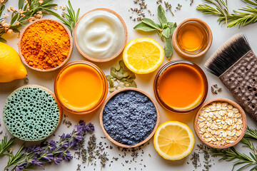 Ingredients for preparing spa treatments, oatmeal, coconut oil, turmeric, lemon, scrub, dry flowers and herbs, sponges, soap top view. Youthful skin