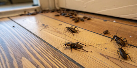A large number of cockroaches are scattered across a wooden floorboards, primarily concentrated near a door. The room appears dimly lit and is cluttered, indicating poor sanitation