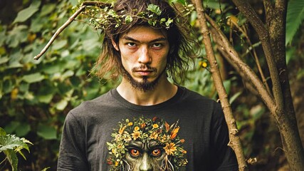 Portrait of a young man with a crown of leaves in a lush green forest during daylight - Powered by Adobe