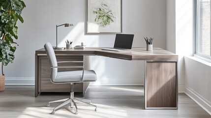 Modern L Shaped Desk Workspace With Chair And Laptop