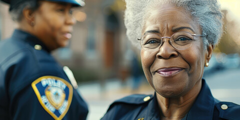 Portrait of an elderly smiling African-American woman in a policeman's uniform and a cap, retired former cop, senior