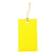 A blank yellow tag with a jute string, isolated on a cutout background.