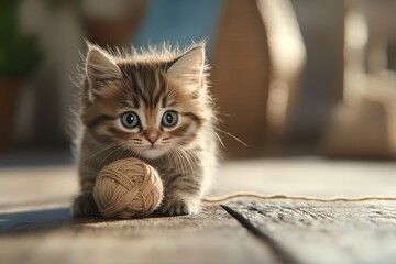 Adorable kitten holding toy ball