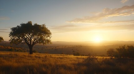Fototapeta premium Solitary Tree Silhouette at Sunset Over Golden Grassland