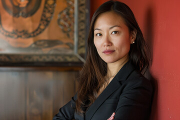 close up horizontal portrait image of an asian businesswoman posing in her office