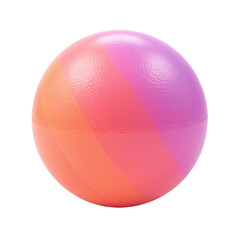 Close-up of a textured, colorful ball with pink, orange and purple gradient stripes against a cut out background.