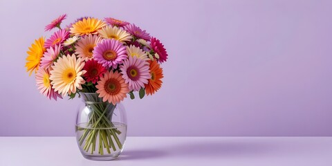 Elegant Floral Bouquet with Vibrant Blooms in a Glass Vase on a Soft Lavender Background