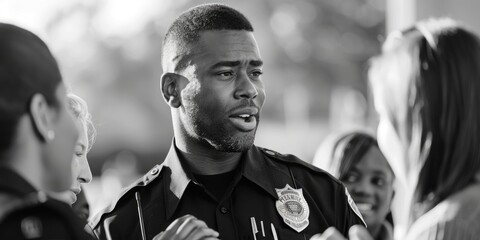 Fototapeta premium portrait of a smiling African-American male police officer in a uniform and a cap, talking with colleagues, having a friendly conversation at the police station