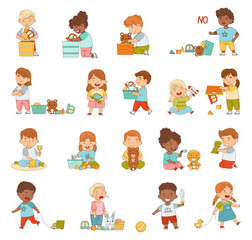 Little Kids Playing Toy in Nursery or Playroom Vector Set