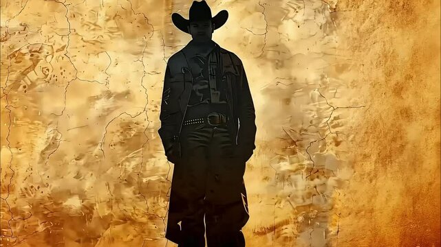 Silhouette of a cowboy in a hat with a revolver, old paper	
