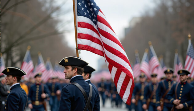 Patriotic soldiers marching with American flags in parade