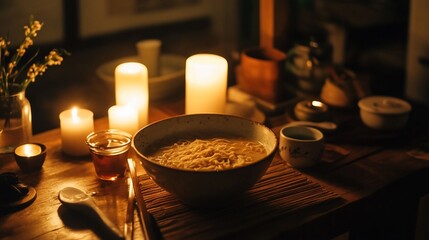 Fototapeta premium A Serene Evening: Warm Candlelight Illuminates a Bowl of Noodles and Tea