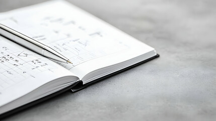 Fototapeta premium Open Planner with Silver Pen on Grey Desk