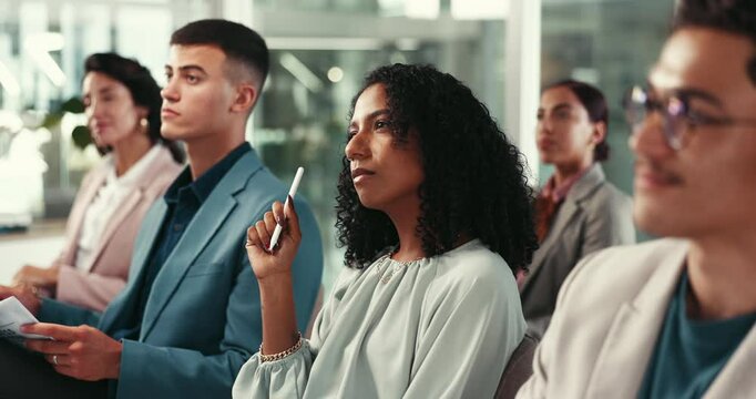 Business woman, audience and thinking at conference, tradeshow or announcement with seminar event. Policy workshop, listen and agreement with change, proposal notes or feedback for presentation pitch