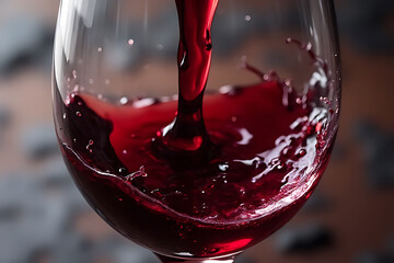 Rich red wine is being poured into glass, creating dynamic splashes and reflections. deep color and fluid motion evoke sense of indulgence and celebration