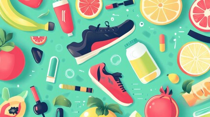 Vibrant Flat Lay of Healthy Lifestyle Elements Featuring Fruits, Sneakers, Sports Equipment, and Nutritional Products on a Bright Background
