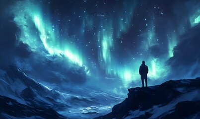 A solitary figure gazes up at the breathtaking display of the Northern Lights illuminating the night sky