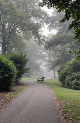 Naklejka premium A misty park scene unfolds with a tranquil gravel path 